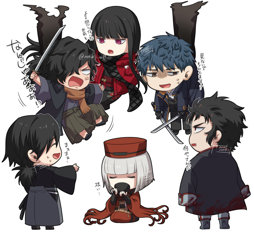 2girls 4boys anger_vein angry black_coat black_footwear black_gloves black_hair black_hakama black_jacket black_pants black_scarf blood blood_on_clothes blue_hair blunt_bangs blunt_ends chibi closed_eyes coat cup drinking dual_wielding fate/grand_order fate_(series) formal_clothes full_body gloves grey_hair grey_hakama hakama hakama_skirt hand_in_pocket hat hijikata_toshizou_(fate) holding holding_cup holding_sword holding_weapon jacket japanese_clothes kamuinii katana kimono long_hair looking_at_another multiple_boys multiple_girls obi okada_izou_(fate) oryou_(fate) oryou_(lancer)_(fate) pants pink_eyes ponytail red_hat red_jacket red_kimono saitou_hajime_(fate) sakamoto_ryouma_(fate) sakamoto_ryouma_(lancer)_(fate) sash scarf sen_no_rikyu_(first_ascension)_(fate) shirt signature sitting skirt suit suit_jacket sweat sword translation_request twitter_username weapon white_background white_shirt