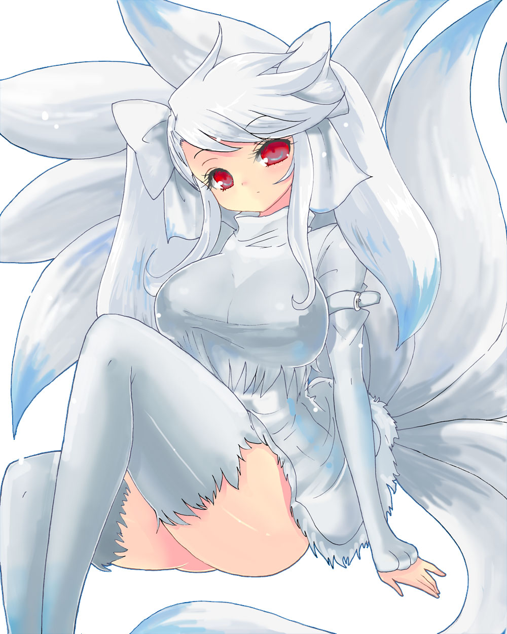 1990s_(style) 1girl alternate_color breasts female_focus fox gen_1_pokemon hair_ornament hair_ribbon head_tilt highres huge_breasts impossible_clothes impossible_shirt lap long_hair multiple_tails ninetales nintendo personification pokemon pokemon_rgby red_eyes retro_artstyle ribbon shiny_pokemon shirt silver_hair simple_background sitting skirt solo tail taut_clothes taut_shirt tenkyuu09 thighhighs thighs twintails white_background