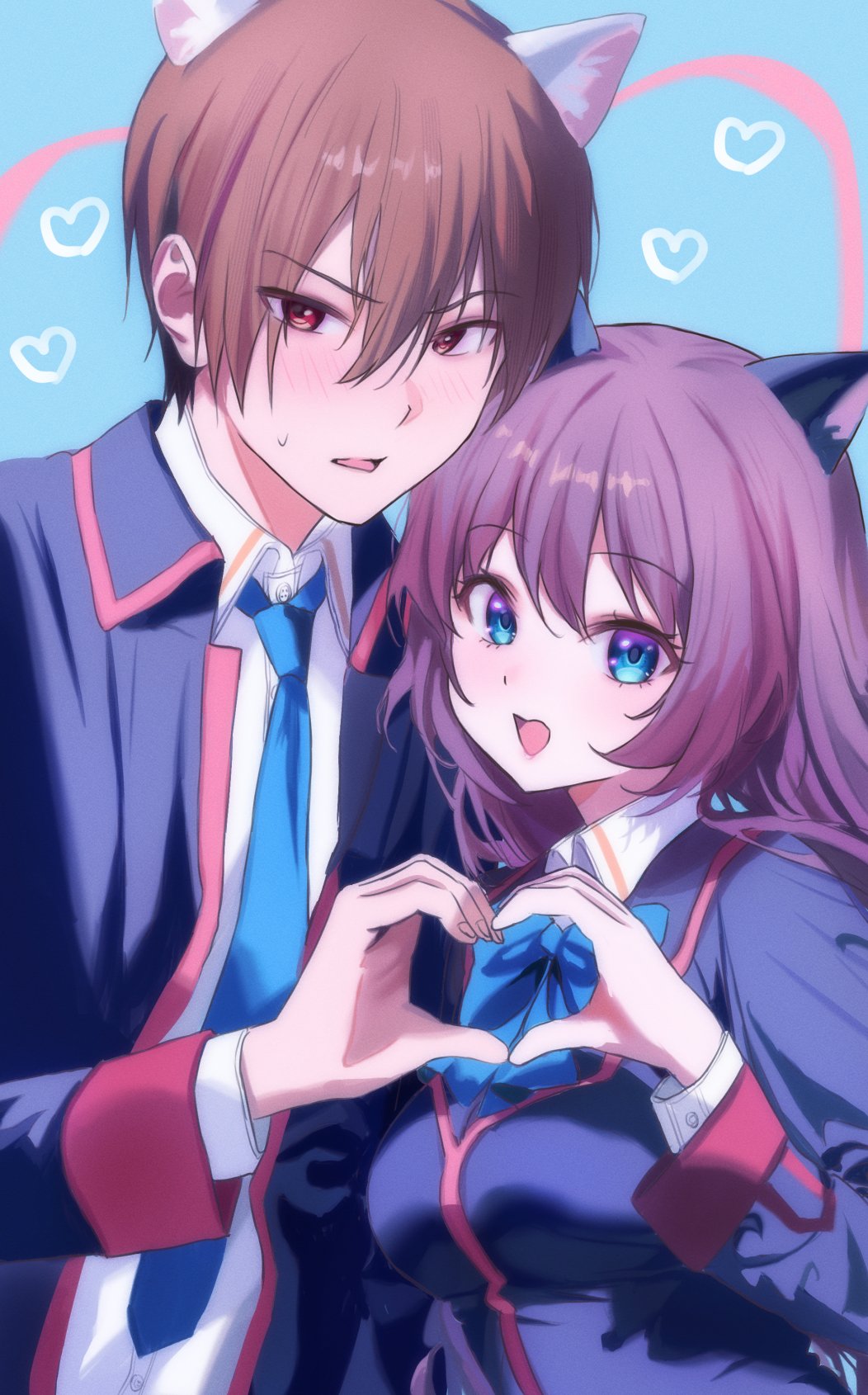 1boy 1girl :d a-chan_(little_busters!) animal_ears black_jacket blue_background blue_bow blue_bowtie blue_eyes blue_necktie blush bow bowtie brown_hair cat_boy cat_ears cat_girl collared_shirt commentary_request couple eyelashes eyes_visible_through_hair frown hair_between_eyes hand_up happy heart heart_hands heart_hands_duo hetero highres jacket kemonomimi_mode little_busters! little_busters!_school_uniform long_hair long_sleeves looking_at_viewer miiizuno_lbs natsume_kyousuke necktie open_clothes open_jacket open_mouth red_eyes school_uniform shirt short_hair simple_background smile sweatdrop tsurime upper_body v-shaped_eyebrows white_shirt