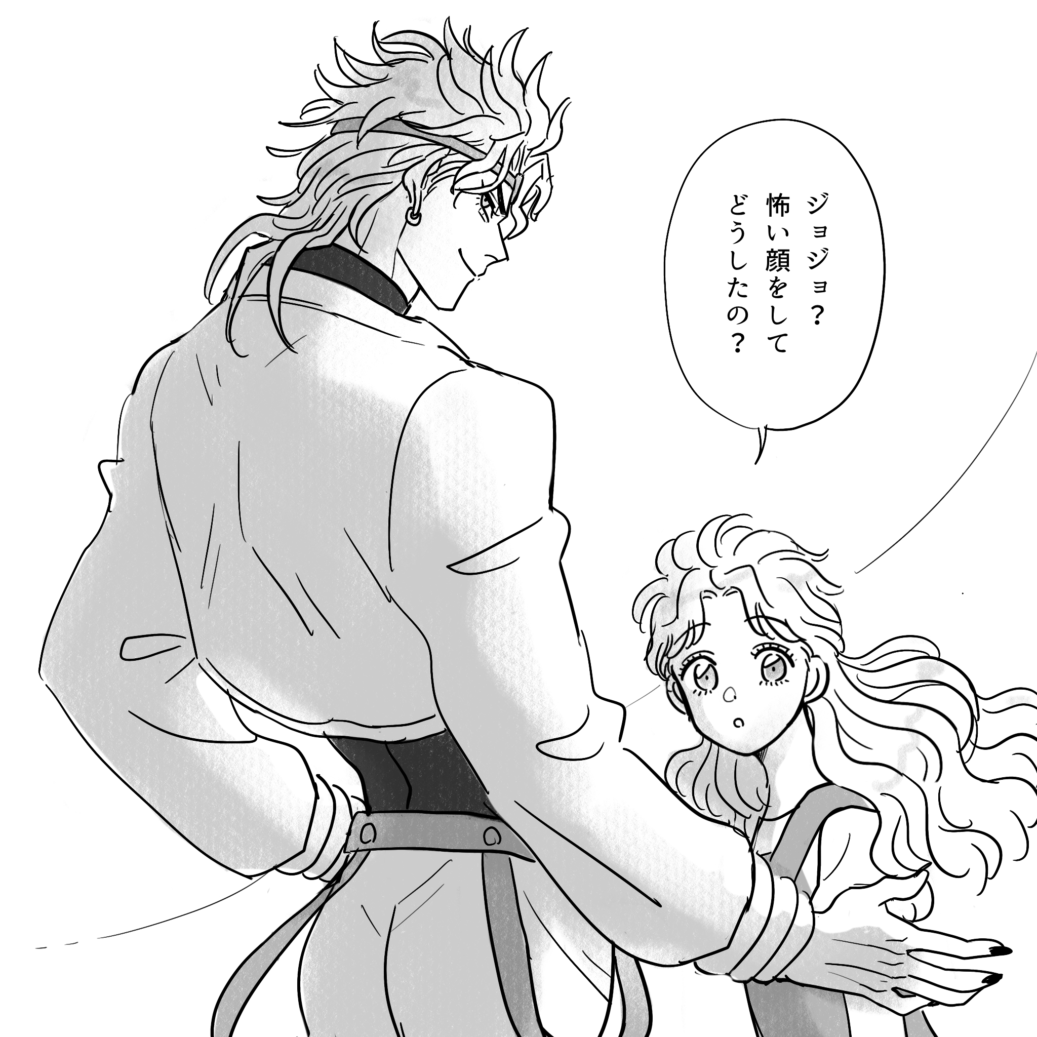 1boy 1girl commentary_request dio_brando dress earrings erina_pendleton greyscale headband highres jacket jewelry jojo_no_kimyou_na_bouken long_hair monochrome nail_polish phantom_blood smile stardust_crusaders time_paradox translation_request wavy_hair yonchi