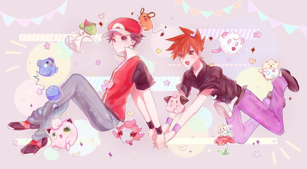 2boys :d azurill blue_oak brown_hair cleffa collared_shirt commentary_request dedenne fanny_pack flabebe flabebe_(red_flower) game_freak gen_1_pokemon gen_2_pokemon gen_3_pokemon gen_6_pokemon hat heart holding_hands jigglypuff male_focus multiple_boys nintendo open_mouth pants pokemon pokemon_(creature) pokemon_frlg purple_pants ralts red_(pokemon) red_hat red_vest sekaiitinoki shirt shoes short_hair short_sleeves smile spiked_hair spritzee swirlix t-shirt togepi vest white_bag wristband
