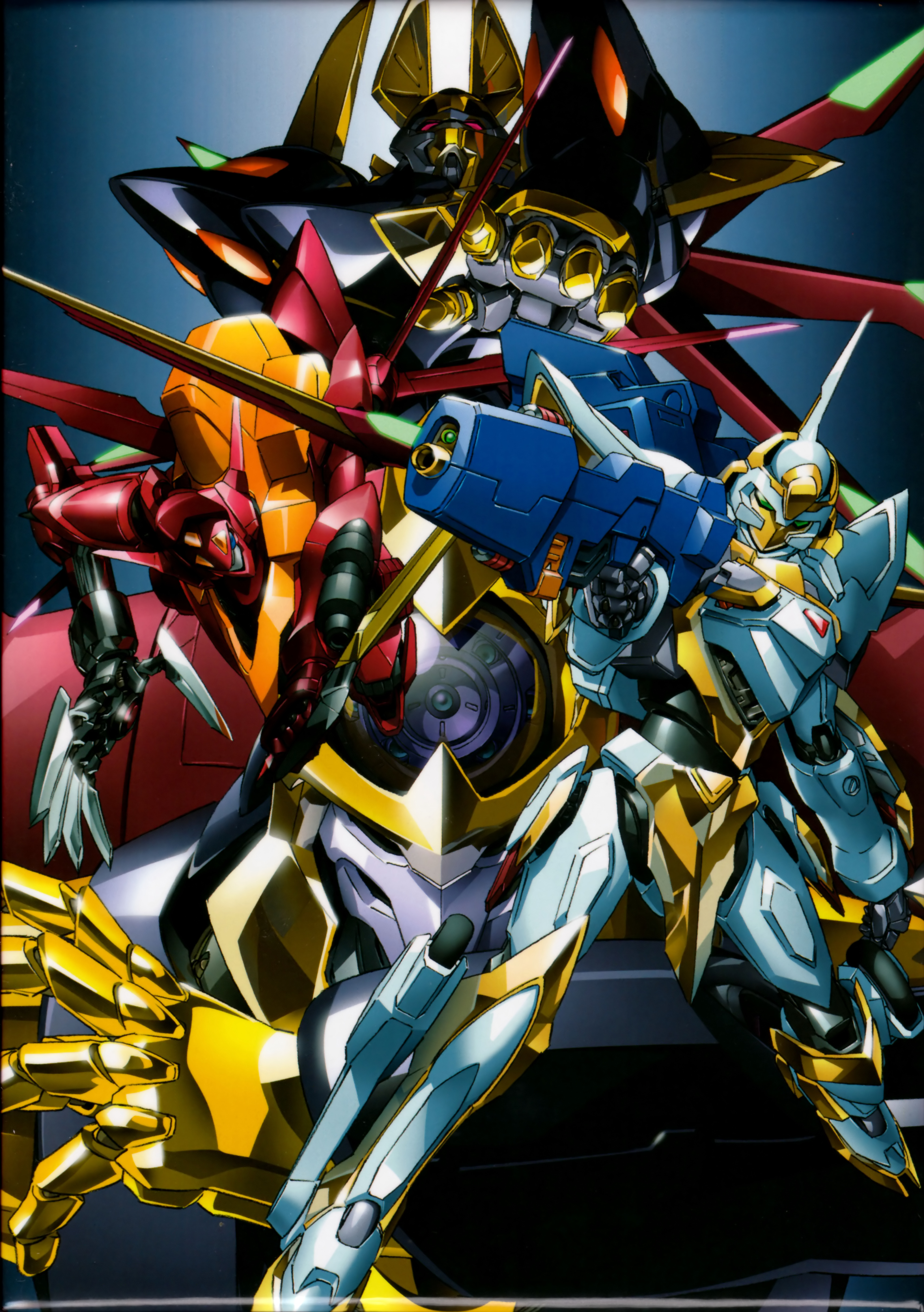 00s absurdres character_request code_geass gawain_(code_geass) gun guren_(code_geass) guren_flight-enabled_version guren_mk-ii highres knightmare_frame lancelot_(code_geass) lancelot_conquista mecha mori_toshiaki nakata_eiji robot shinkirou weapon