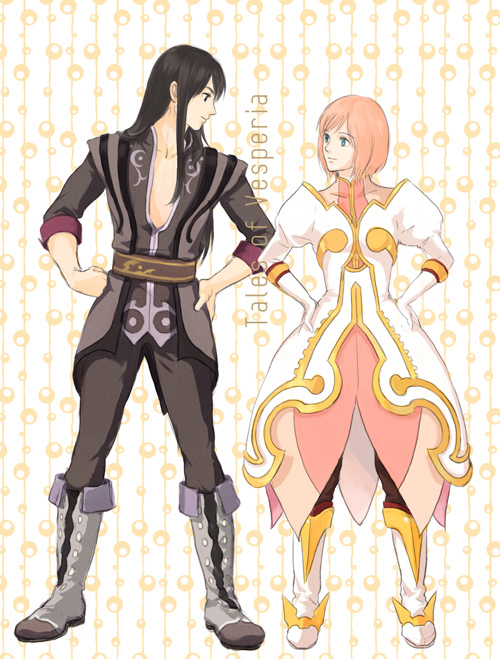 00s 1boy 1girl bad_id bad_pixiv_id black_hair blue_eyes boots copyright_name dress estellise_sidos_heurassein eye_contact full_body gloves grey_footwear hands_on_own_hips jacket knee_boots long_hair looking_at_another niko_(silent.whitesnow) pants pink_hair short_hair smile tales_of_(series) tales_of_vesperia yuri_lowell