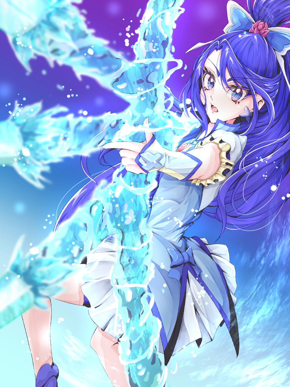 1girl bike_shorts blue_dress blue_eyes blue_hair blue_shorts blue_vest boots bow_(weapon) butterfly_brooch butterfly_earrings butterfly_hair_ornament commentary cure_aqua dress earrings fingerless_gloves gloves hair_ornament haruto_(1214_haruto) high_heel_boots high_heels high_ponytail highres holding holding_bow_(weapon) holding_weapon jewelry long_hair magical_girl minazuki_karen open_mouth ponytail precure short_sleeves shorts solo two-tone_gloves vest weapon yes!_precure_5 yes!_precure_5_gogo!
