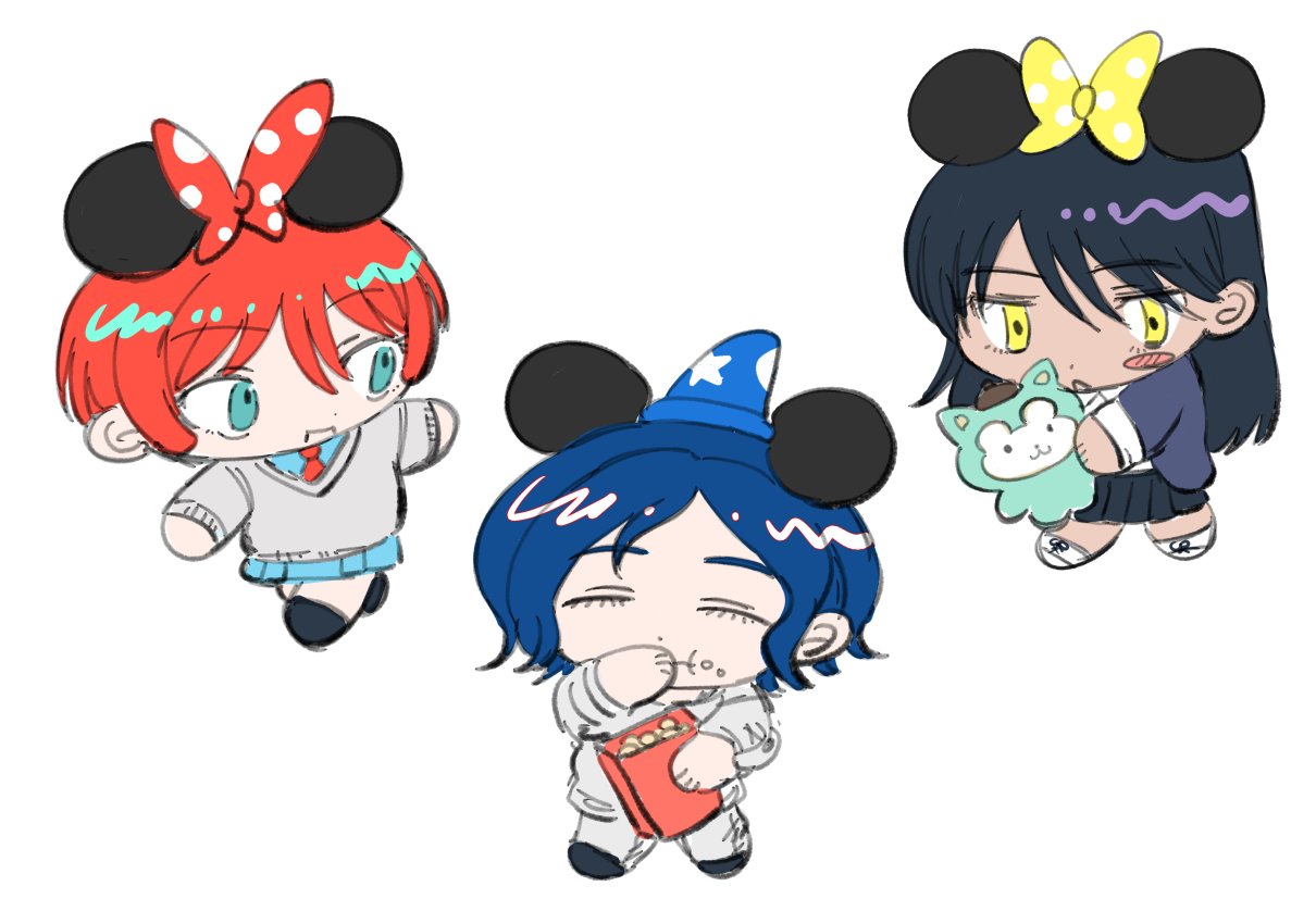 1boy 2girls amate_yuzuriha animal_ears aqua_eyes aqua_shirt aqua_skirt black_hair blue_hair blush chibi closed_eyes closed_mouth collared_shirt disney doll eating fantasia_(disney) food gundam gundam_gquuuuuux holding jacket long_hair long_sleeves looking_at_viewer mickey_mouse mickey_mouse_ears minnie_mouse minnie_mouse_ears mouse_ears multicolored_hair multiple_girls necktie nyaan_(gundam_gquuuuuux) open_clothes open_mouth popcorn purple_hair red_hair school_uniform shirt short_hair shuji_ito simple_background skirt smile stuffed_toy suubox sweater two-tone_hair white_background white_shirt yellow_eyes