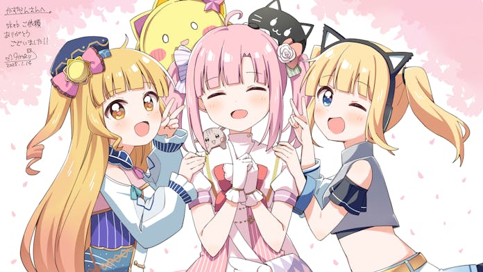 3girls :d ;d ahoge animal_ear_headphones animal_ears ars_project bare_shoulders blonde_hair blue_eyes blue_hat blunt_bangs blush cat_ear_headphones commentary_request commission crop_top cropped_shirt dated dot_nose dress fake_animal_ears gloves grey_shirt hair_ribbon haru_(konomi_150) hat headphones hoshimiya_urana indie_virtual_youtuber long_hair long_sleeves looking_at_viewer luchina_(vtuber) momone_yunori multiple_girls one_eye_closed open_mouth own_hands_together pink_dress pink_hair ribbon shirt short_hair short_sleeves sidelocks signature skeb_commission sleeveless sleeveless_shirt smile twintails upper_body v virtual_youtuber white_background white_gloves white_shirt yellow_eyes