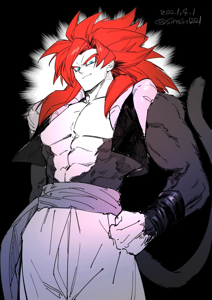 1boy abs blue_eyes body_fur closed_mouth dated dragon_ball dragon_ball_gt gogeta hand_on_own_hip long_hair male_focus metamoran_vest monkey_boy monkey_tail muscular pants pectorals red_hair shin_(sinsin12121) simple_background solo spiked_hair super_saiyan super_saiyan_4 tail twitter_username