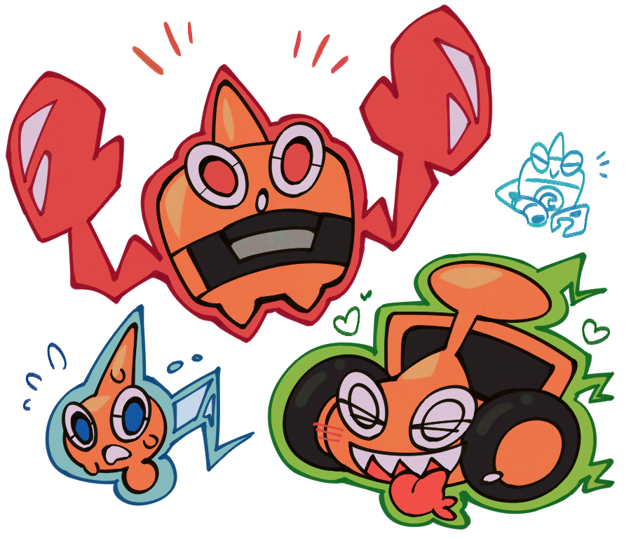 &gt;_&lt; blue_eyes blush commentary_request flying_sweatdrops gen_4_pokemon heart kokemushi_(kuru_fox) nintendo no_humans parted_lips pokemon pokemon_(creature) rotom rotom_(heat) rotom_(mow) rotom_(normal) rotom_(wash) sharp_teeth simple_background sweat teeth tongue tongue_out white_background