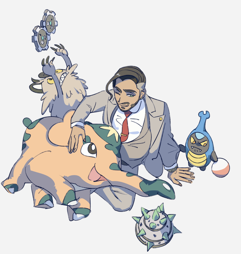 1boy arm_support black_hair business_suit collared_shirt commentary_request cufant facial_hair ferroseed formal_clothes galarian_form galarian_meowth gen_5_pokemon gen_8_pokemon green_eyes grey_jacket grey_pants grey_vest jacket karrablast klink male_focus necktie nintendo one_eye_closed pants pokemon pokemon_(creature) pokemon_swsh red_necktie rose_(pokemon) shirt sitting smile suit tsuruba_(tsu41014812) undercut vest watch white_shirt wristwatch
