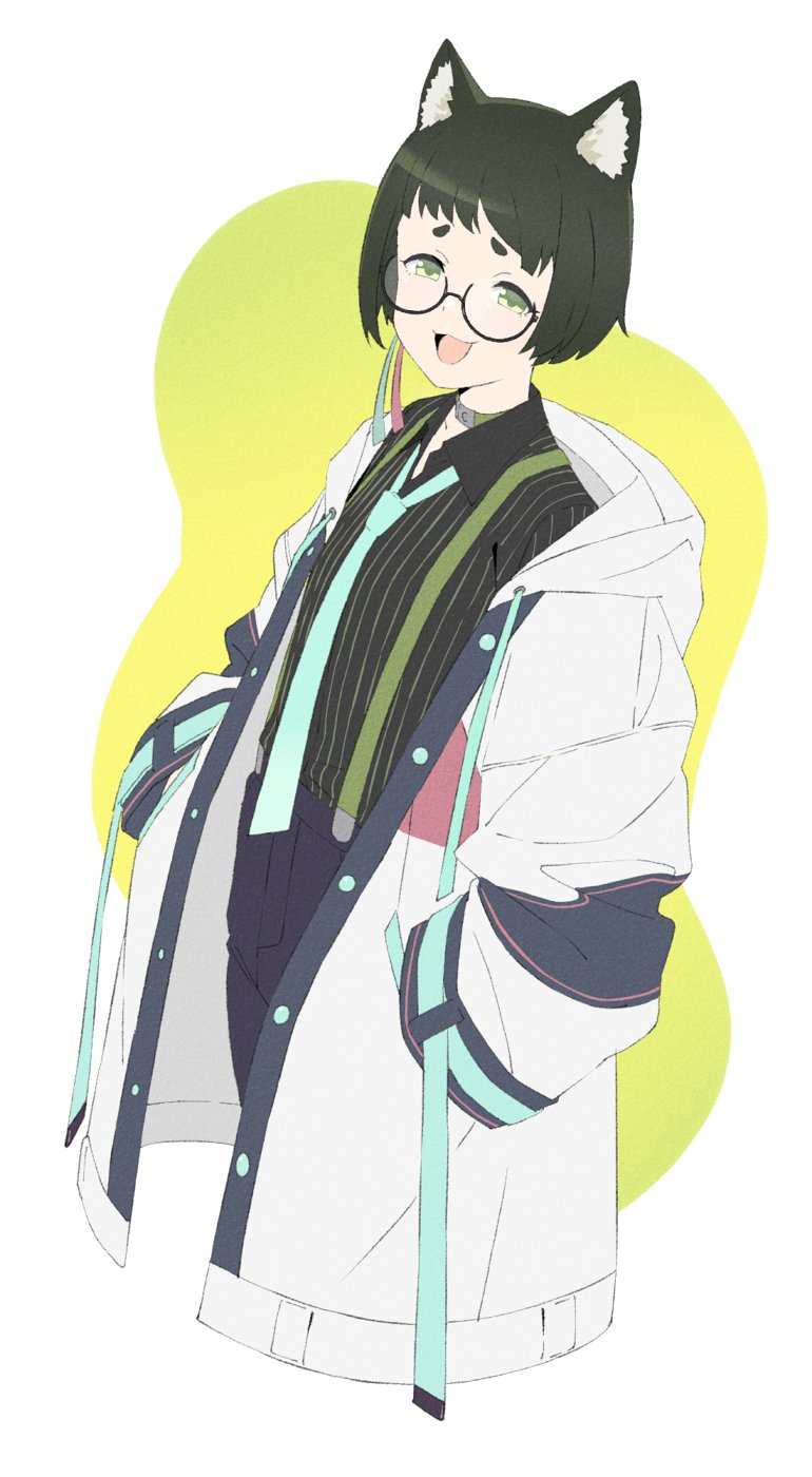 1girl akitetsu animare black-framed_eyewear black_hair black_shirt blue_necktie coat collared_shirt cowboy_shot dog_girl flat_chest glasses grey_coat hands_in_pockets hashiba_natsumi_(animare) highres looking_at_viewer nanashi_inc. necktie open_clothes open_coat open_mouth shirt short_bangs smile solo virtual_youtuber white_background