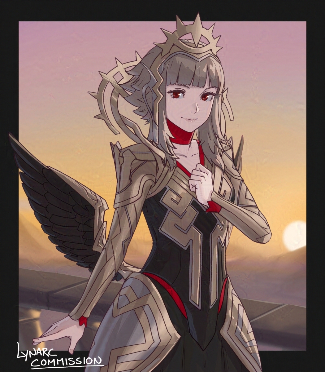 1girl artist_name black_border black_dress blunt_bangs border closed_mouth commentary commission dress english_commentary fire_emblem fire_emblem_heroes grey_hair highres ko-fi_commission looking_at_viewer low_wings lynarc nintendo official_alternate_costume official_alternate_hairstyle outside_border red_eyes short_hair_with_long_locks smile solo sunset tiara veronica_(fire_emblem) veronica_(princess_rising)_(fire_emblem) wings