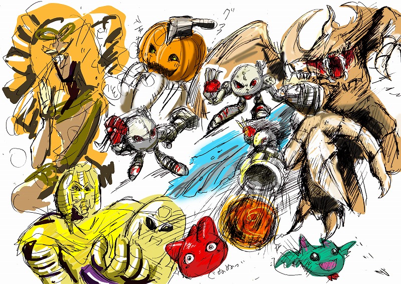 axe claws digimon heraklekabuterimon looking_at_viewer metalmamemon open_mouth petitmon pharaohmon pumpmon punimon sharp_teeth teeth yellow_eyes