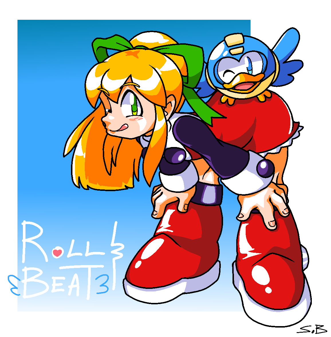 1girl artist_name beat_(mega_man) blonde_hair blue_eyes boots breasts capcom green_eyes hair_ribbon hands_on_own_hips hands_on_own_knees leaning_forward legs licking_lips long_hair looking_at_viewer mega_man_(series) one_eye_closed ribbon roll_(mega_man) small_breasts smile thighs tongue tongue_out wings