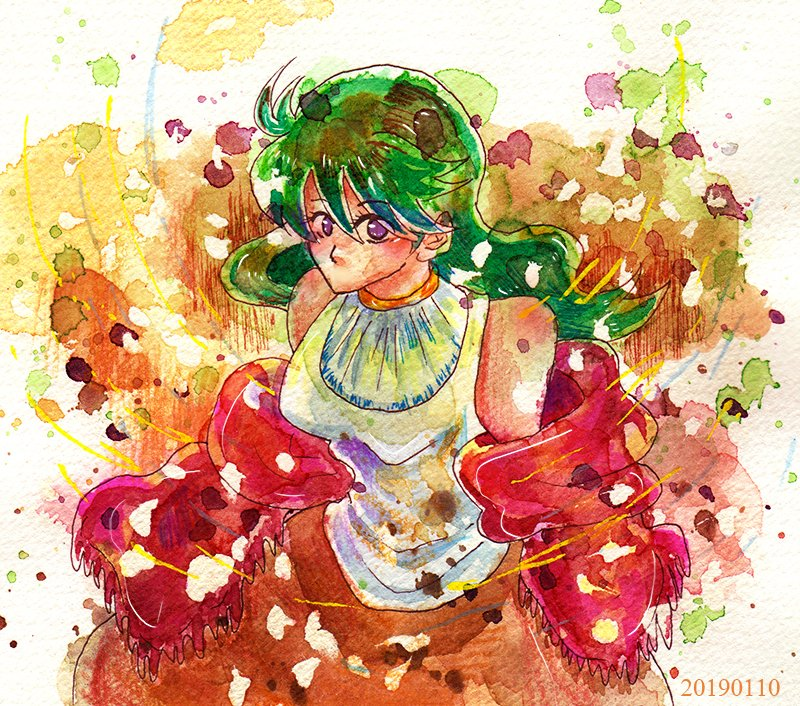 1girl ahoge blurry blurry_background blush breasts cyborg_009 dress green_hair hair_between_eyes long_hair looking_at_another looking_at_viewer madame_(cyborg_009) purple_eyes s01huu solo upper_body white_dress