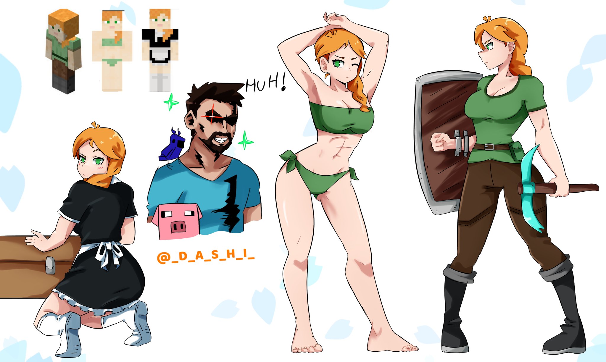 1boy 1girl abs alex_(minecraft) alternate_costume armor armpits arms_up artist_name beard bikini blouse blue_shirt boots breastplate breasts brown_hair dashi_(dashiart) facial_hair green_shirt grey_footwear highres maid medium_breasts minecraft minecraft_pickaxe minecraft_shield orange_hair parrot_(minecraft) pickaxe pig_(minecraft) shield shirt simple_background smile steve_(minecraft) swimsuit t-shirt white_background white_footwear