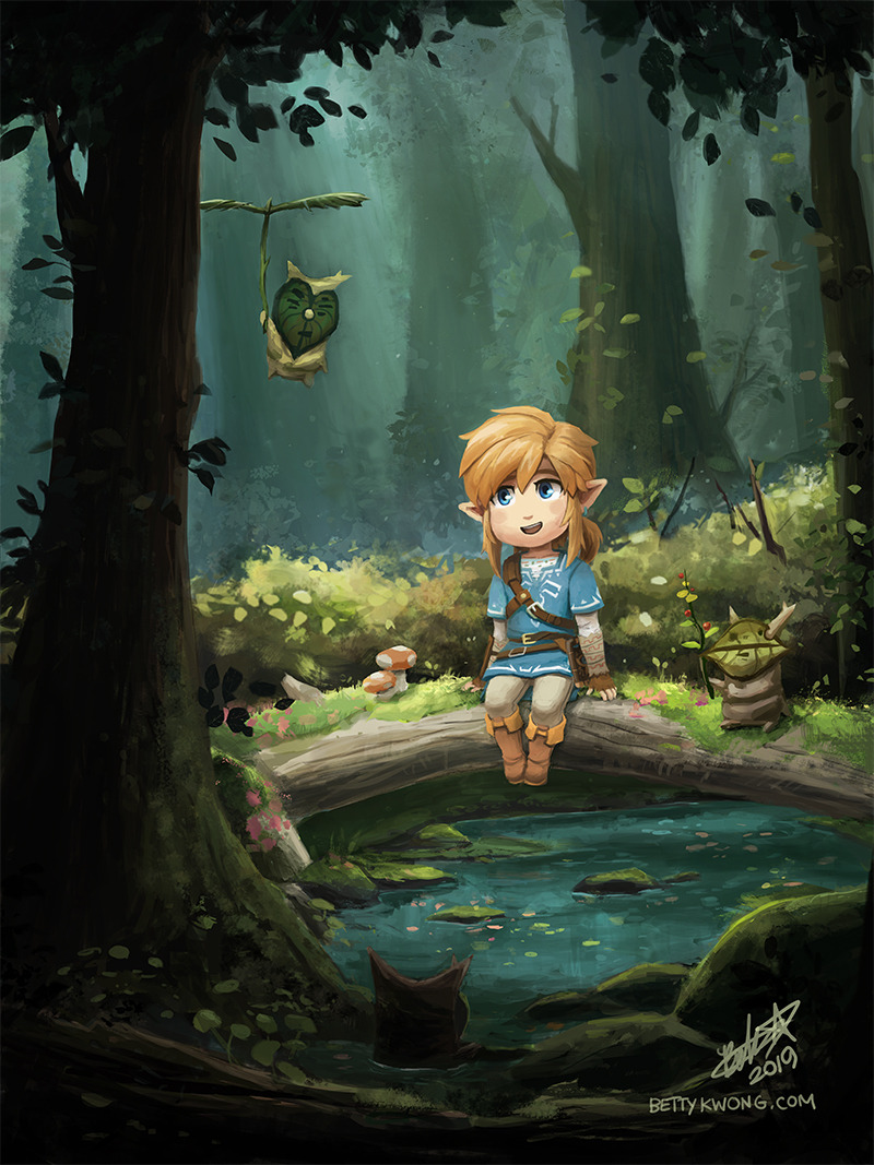 1boy bettykwong blonde_hair blue_eyes blue_shirt boots brown_footwear bush chibi flying forest korok leaf light_rays link log looking_at_another moss mushroom nature nintendo pointy_ears pond shirt sitting smile sunbeam sunlight the_legend_of_zelda the_legend_of_zelda:_breath_of_the_wild