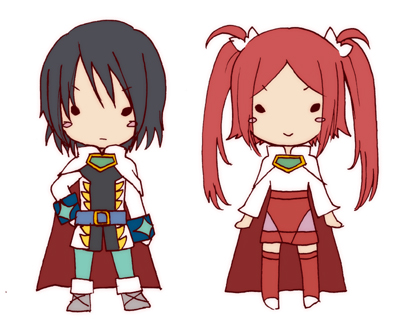 1boy 1girl belt black_hair cape long_hair lowres lukius_bridges red_hair rommy short_hair tales_of_(series) tales_of_the_tempest twintails