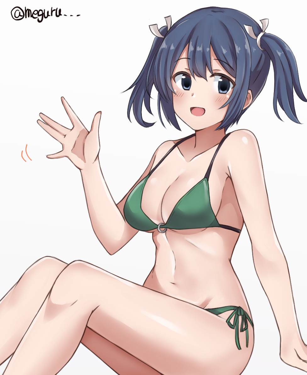 1girl bikini blue_eyes blue_hair breasts cleavage commentary_request female_focus green_bikini kantai_collection large_breasts looking_at_viewer meguru_(megurunn) o-ring o-ring_bikini o-ring_top side-tie_bikini_bottom simple_background sitting solo souryuu_(kancolle) swimsuit twintails twitter_username waving white_background
