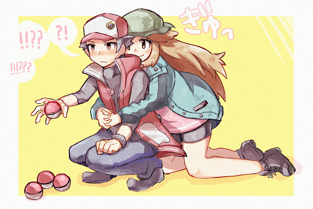 !? 1boy 1girl anidler91 baseball_cap bike_shorts black_footwear black_hair black_shorts blue_hat blue_jacket brown_eyes brown_hair camouflage_headwear closed_mouth coat frown game_freak hat holding holding_poke_ball hug hug_from_behind interlocked_fingers jacket kneeling leaf_(pokemon) leaf_(sygna_suit)_(pokemon) long_hair long_sleeves nintendo open_clothes open_jacket pink_shirt poke_ball poke_ball_(basic) pokemon pokemon_masters_ex red_(pokemon) red_(sygna_suit)_(pokemon) red_coat red_eyes shirt short_hair shorts sleeveless sleeveless_coat smile squatting