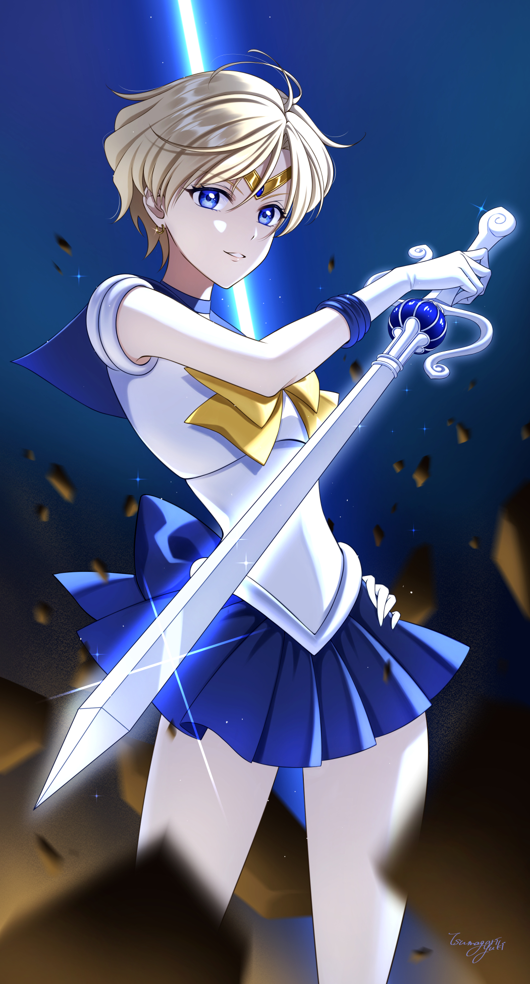1girl back_bow bishoujo_senshi_sailor_moon blonde_hair blue_bow blue_eyes blue_skirt bow circlet commentary_request cowboy_shot earrings floating_rock glint gloves gold_circlet hand_on_own_hip highres holding holding_sword holding_weapon jewelry looking_at_viewer magical_girl parted_lips reverse_grip sailor_senshi sailor_senshi_uniform sailor_uranus short_hair signature skirt solo star_(sky) starry_sky_background sword ten&#039;ou_haruka tsumagari_yuki weapon white_gloves yellow_bow