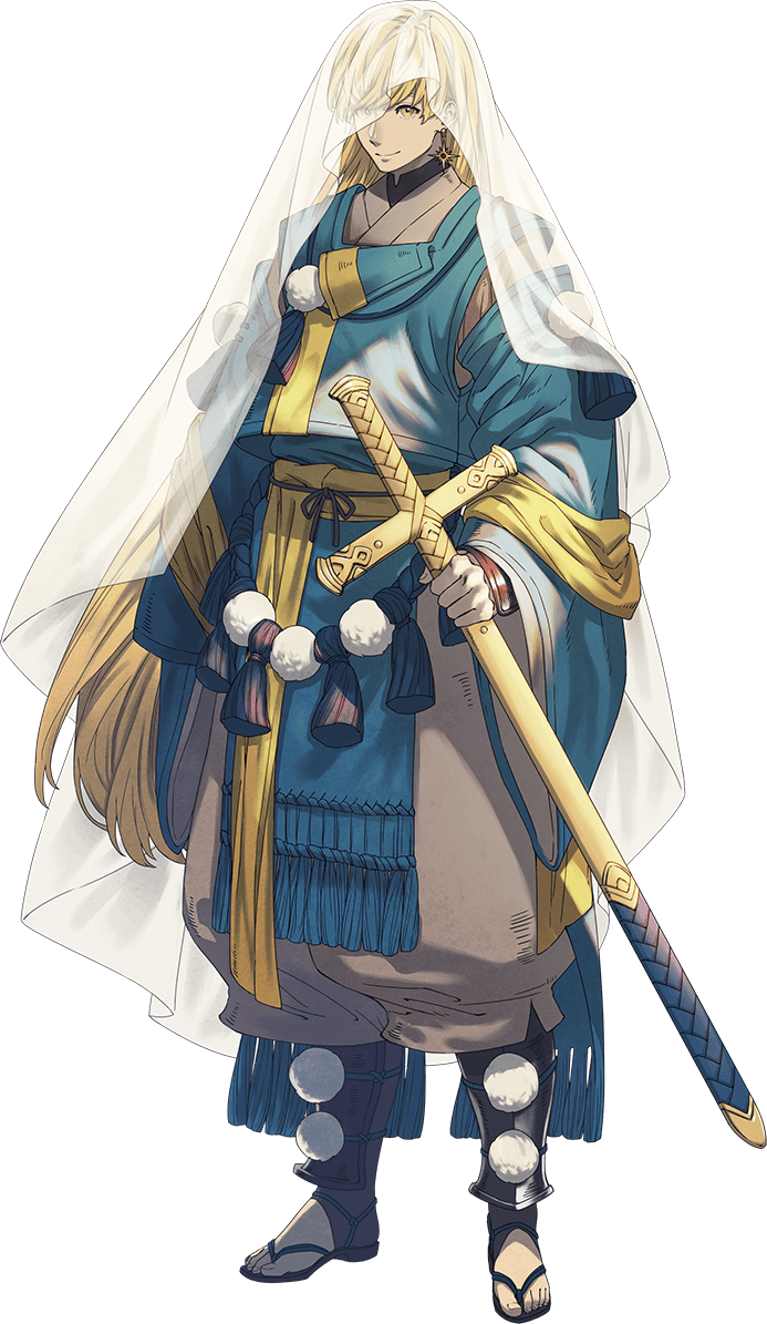 1boy armor black_footwear blonde_hair earrings feet gold_earrings holding holding_sword holding_weapon japanese_armor jewelry long_hair samurai solo string_belt swedish_flag sword tagme transparent_background veil very_long_hair weapon wide_sleeves world_flags yellow_eyes