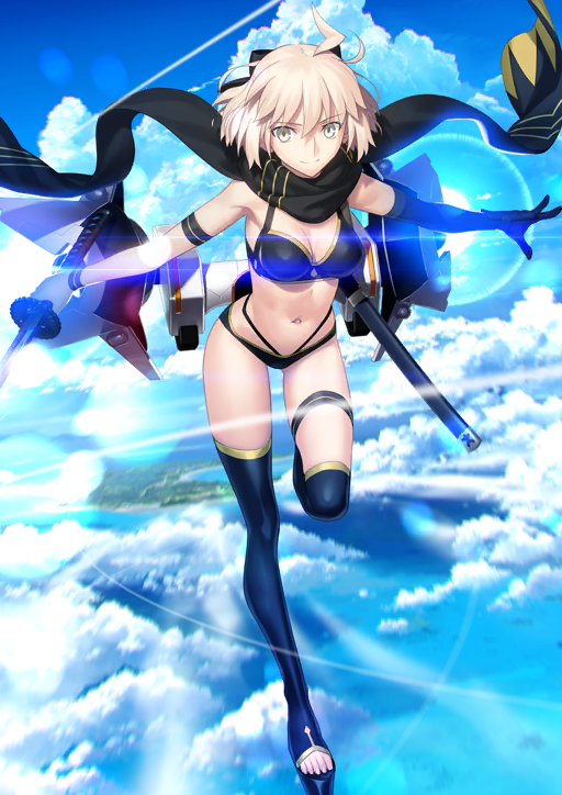 1girl above_clouds ahoge armband bikini black_bikini black_bow black_gloves black_scarf black_thighhighs blue_background blue_sky bow breasts cleavage closed_mouth cloud elbow_gloves fate/grand_order fate_(series) full_body game_cg gloves grey_eyes hair_between_eyes hair_bow holding holding_sword holding_weapon jetpack katana leaning_forward leg_up lens_flare looking_at_viewer medium_breasts multi-strapped_bikini_bottom navel official_art okita_j._souji_(fate) okita_j._souji_(first_ascension)_(fate) okita_souji_(fate) outstretched_arms pink_hair platform_sandals scarf sheath short_hair single_glove sky smile solo swimsuit sword takeuchi_takashi thigh_strap thighhighs third-party_source toes unsheathed variant_set weapon wristband