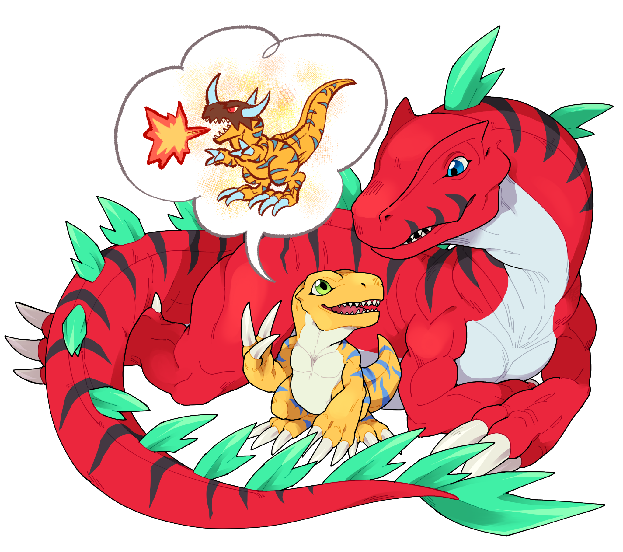 2others agumon agumon_x-antibody digimon digimon_(creature) dinosaur greymon greymon_x-antibody highres imagining looking_at_another multiple_others sharp_teeth tail teeth tyranomon tyranomon_x-antibody