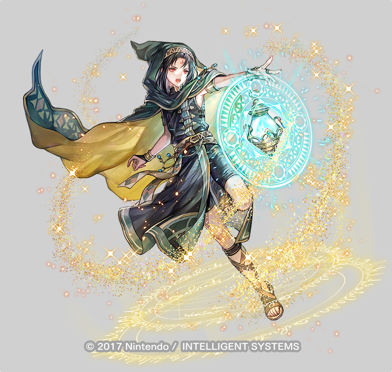 1boy androgynous armlet belt black_hair bracelet cape commentary_request company_name facial_mark fighting_stance fire_emblem fire_emblem:_radiant_dawn fire_emblem_heroes floating floating_object forehead_mark gladiator_sandals glowing green_cape grey_background hood hooded_cape jewelry lantern magic magic_circle male_focus nintendo official_art open_mouth red_eyes sand sandals senano-yu simple_background soren_(fire_emblem) soren_(khadein)_(fire_emblem) two-sided_cape two-sided_fabric yellow_cape