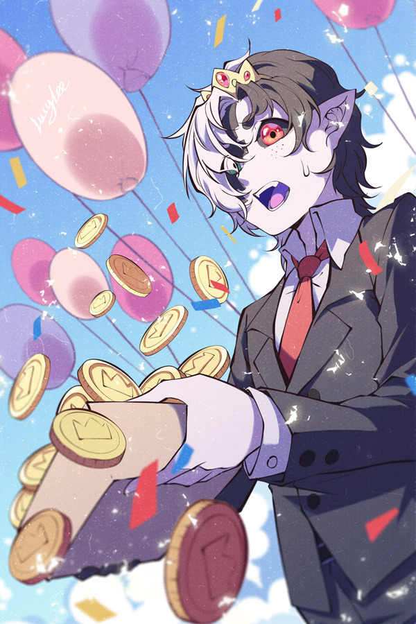 1other androgynous animification balloon black_hair black_jacket black_pants black_skin black_suit blue_sky box coin collared_shirt colored_skin colored_tongue commentary confetti crown crown_(symbol) day english_commentary esports eyes_visible_through_hair fangs formal_clothes freckles gem green_eyes hair_over_one_eye heterochromia holding holding_box jacket lucylee158 mc_championship minecraft_youtube multicolored_hair multicolored_skin necktie open_mouth other_focus outdoors pants pointy_ears purple_tongue ranboo red_eyes red_necktie shirt short_hair sky solo split-color_hair standing suit sweatdrop two-tone_hair two-tone_skin white_hair white_shirt white_skin