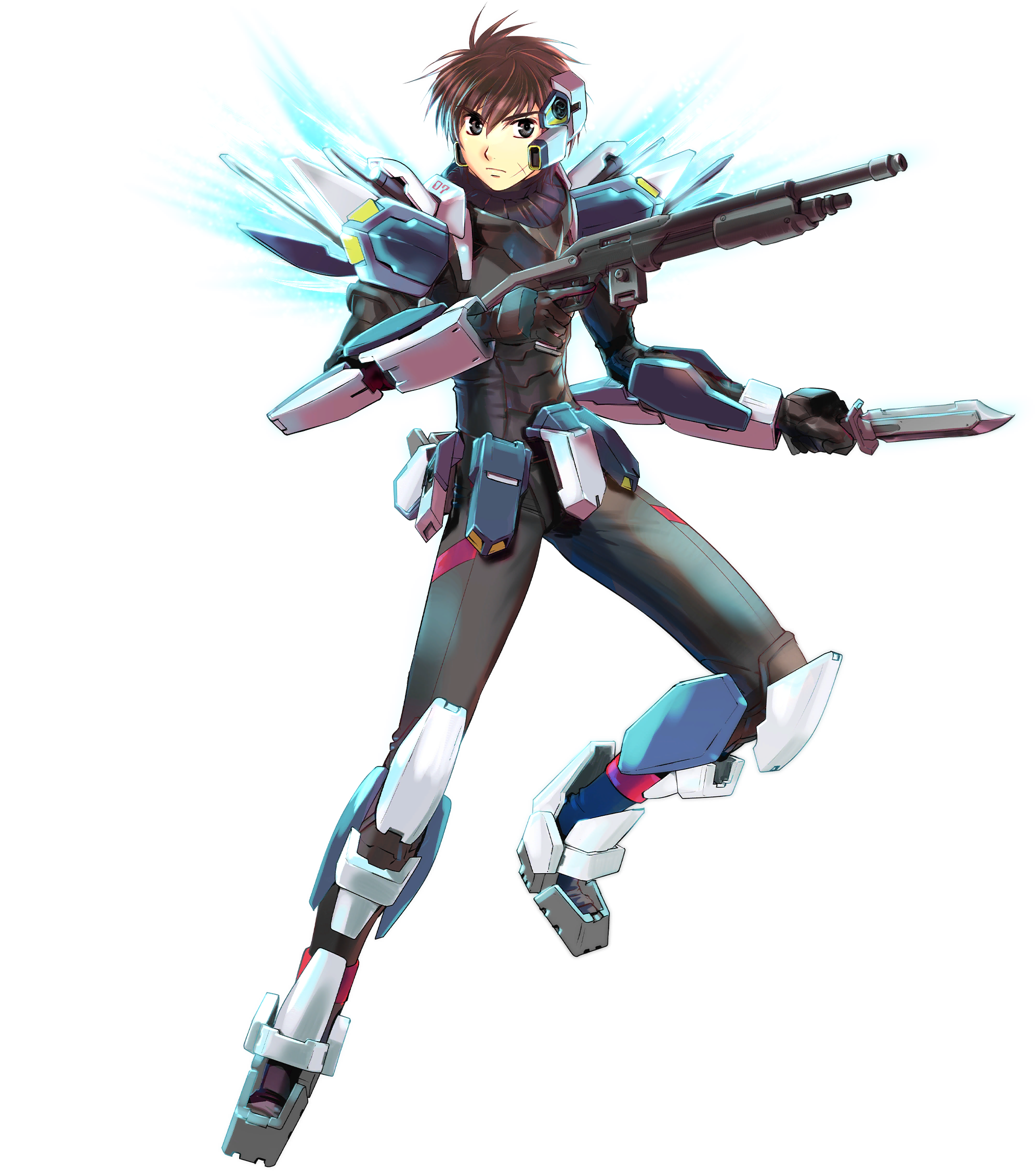 1boy armor arx-7_arbalest black_eyes brown_hair fantasia_re:build full_metal_panic! gun headgear highres holding holding_weapon knife mecha official_art power_armor robot sagara_sousuke shotgun solo weapon