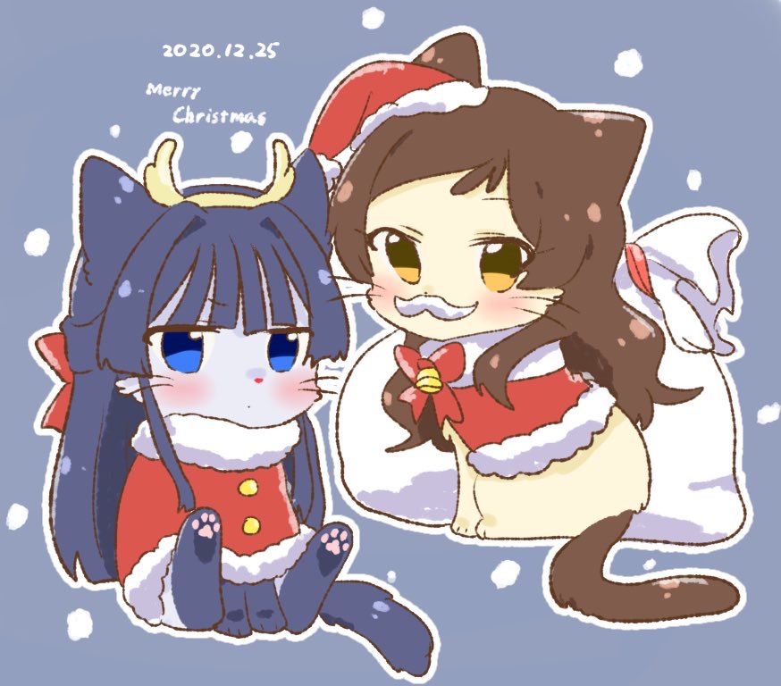 animal animal_focus animalization black_hair blue_eyes blush brown_eyes brown_hair cat closed_mouth clothed_animal dated dot_mouth english_text fake_antlers fake_facial_hair fake_mustache grey_background hat hutaba idolmaster idolmaster_million_live! jitome kitazawa_shiho long_hair looking_at_viewer merry_christmas mogami_shizuka no_humans santa_costume santa_hat sitting white_bag