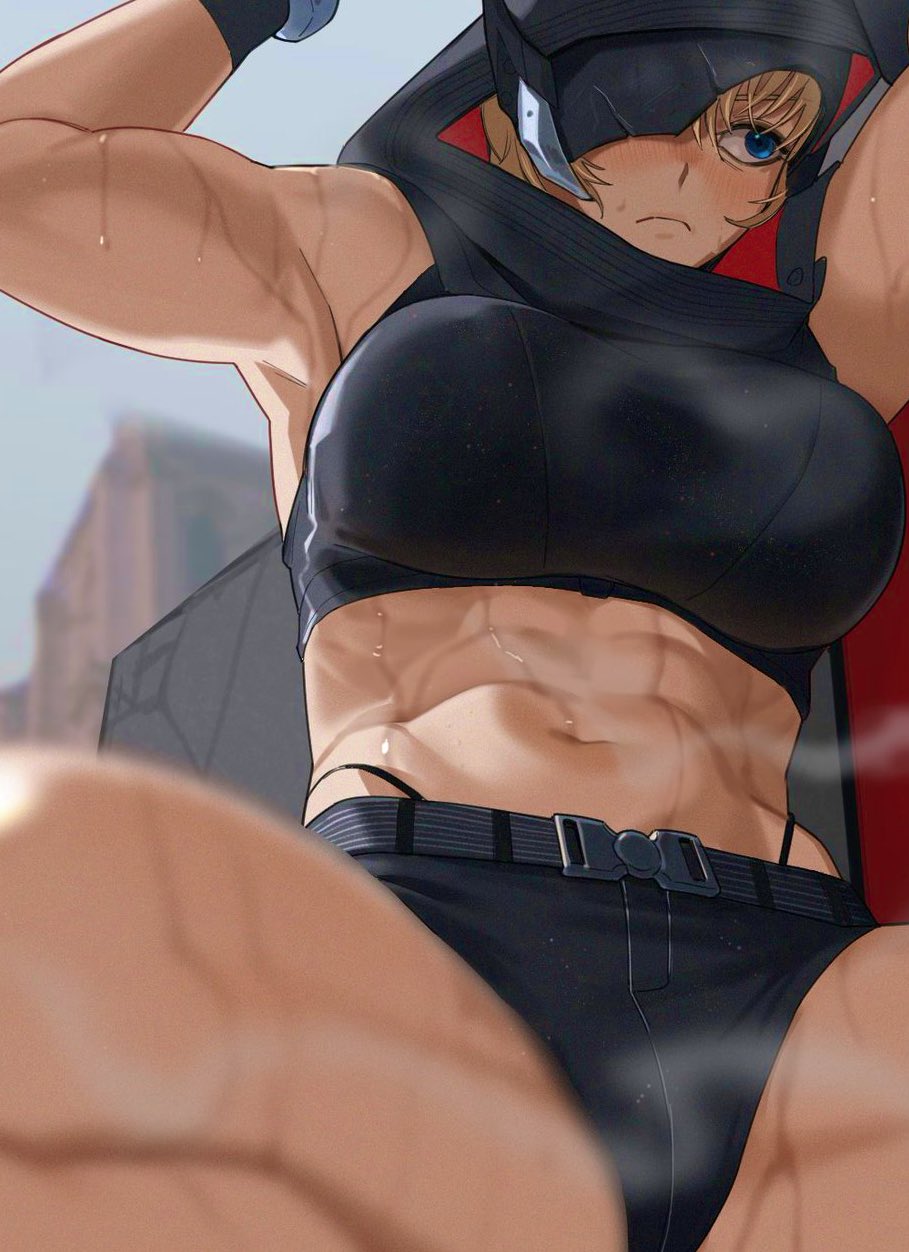 1girl abs arms_up biceps black_shirt black_shorts blonde_hair blue_eyes blurry blurry_foreground blush closed_mouth commentary crop_top embarrassed english_commentary foreshortening from_below goddess_of_victory:_nikke grave_(nikke) highres hong_doo hooded_shirt light_frown looking_to_the_side muscular muscular_female navel no_cape obliques outdoors shirt shorts solo stomach sweat three_quarter_view torn_mask