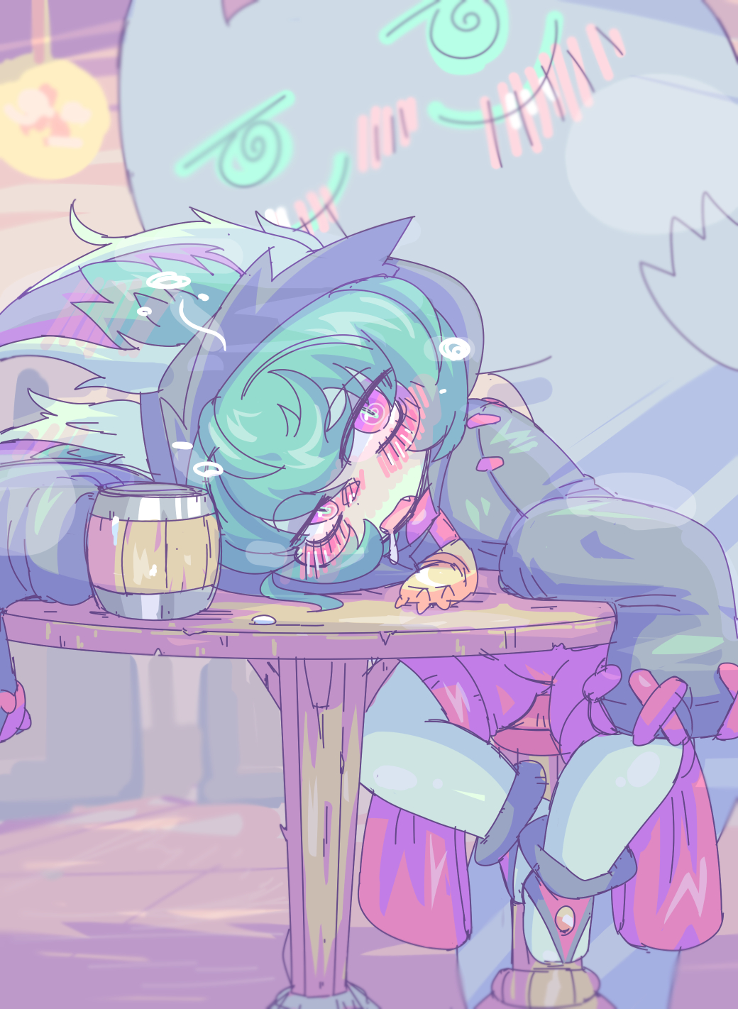 1girl alcohol animal_ears black_hoodie black_socks blush colored_skin dot_nose drooling drunk eyebrows fang female_focus full_body green_hair grey_skin highres hood hood_up hoodie indoors kayo!!_(gotoran) league_of_legends looking_at_viewer open_mouth pink_eyes pink_shorts short_hair shorts sitting sleeves_past_fingers sleeves_past_wrists socks solo table toeless_legwear vex_(league_of_legends) vex_shadow_(league_of_legends) yordle