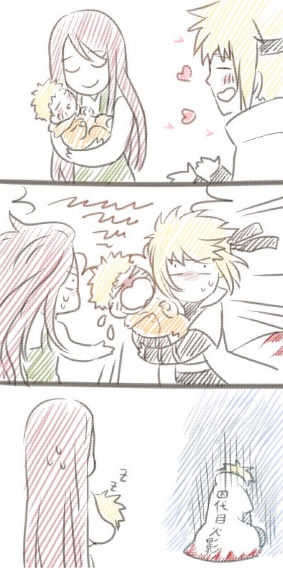 baby blonde_hair blush carrying_baby carrying_person comic crying family father_and_son forehead_protector hair_blowing heart hokage husband_and_wife jacket mother_and_son namikaze_minato naruto_(series) official_couple red_hair sleeping sulking sweatdrop uzumaki_kushina uzumaki_naruto zzz