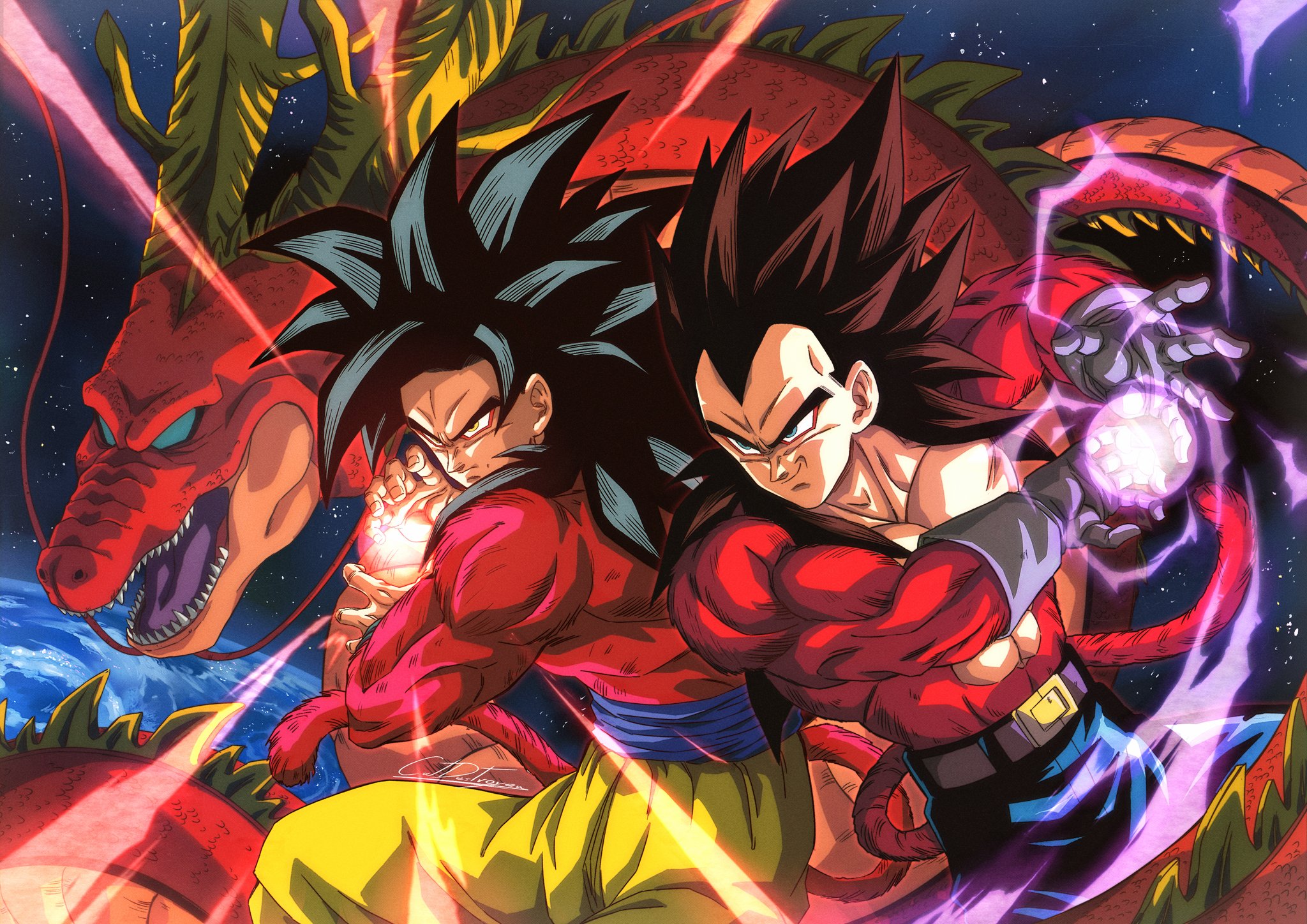2boys biceps black_hair blue_sash body_fur catdestroyer dougi dragon_ball dragon_ball_gt energy_ball galick_gun green_eyes highres incoming_attack kamehameha_(dragon_ball) long_hair male_focus monkey_boy monkey_tail multiple_boys muscular muscular_male no_nipples open_mouth pants pectorals powering_up red_fur saiyan sash smile smirk son_goku spiked_hair super_saiyan super_saiyan_4 tail teeth ultimate_shenron vegeta wristband yellow_pants
