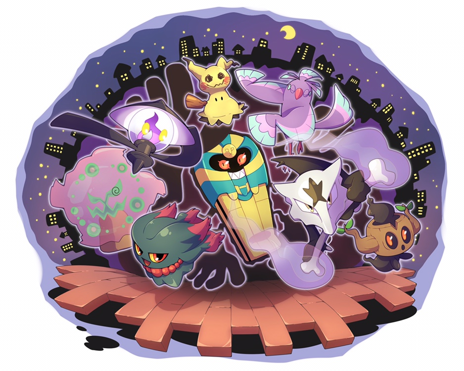 alolan_form alolan_marowak bone closed_eyes cofagrigus colored_sclera crescent_moon eagle_(pixiv8177028) gen_2_pokemon gen_4_pokemon gen_5_pokemon gen_6_pokemon gen_7_pokemon holding holding_bone lampent mimikyu misdreavus moon night nintendo no_humans orange_eyes oricorio oricorio_(sensu) phantump pokemon pokemon_(creature) skyline smoke spiritomb star_(sky) yellow_eyes yellow_sclera