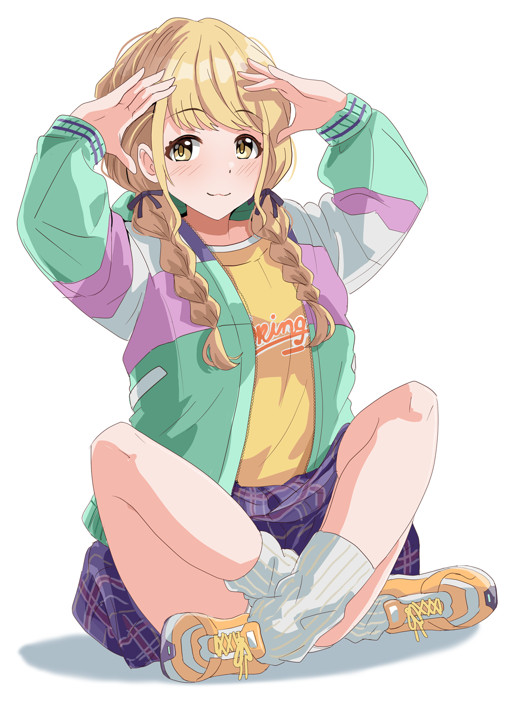 1girl arms_up black_ribbon blonde_hair braid clothes_writing commentary crossed_legs fujita_kotone gakuen_idolmaster green_jacket hair_ribbon highres hood hooded_jacket idolmaster illustscody jacket leg_warmers long_hair long_sleeves low_twin_braids multicolored_jacket multicolored_shoes open_clothes open_jacket panties pantyshot plaid_clothes plaid_skirt purple_jacket purple_skirt ribbon shirt shoes simple_background sitting skirt sneakers solo twin_braids two-tone_shoes underwear white_background white_jacket white_leg_warmers white_panties white_shoes white_trim yellow_eyes yellow_shirt yellow_shoes