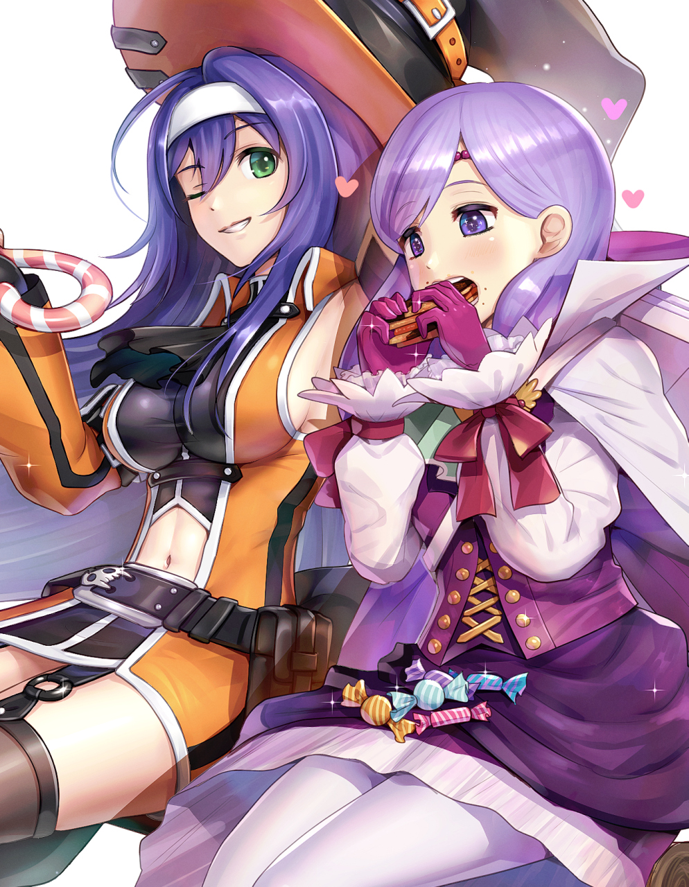 2girls adapted_costume blue_hair breasts buttons candy candy_wrapper cape circlet dress eating fire_emblem fire_emblem:_path_of_radiance fire_emblem:_radiant_dawn fire_emblem_heroes food gloves gonzarez green_eyes grin hairband hat headband heart highres ilyana_(fire_emblem) ilyana_(halloween)_(fire_emblem) large_breasts long_hair long_sleeves low-tied_long_hair mia_(fire_emblem) mia_(halloween)_(fire_emblem) midriff multiple_girls navel nintendo one_eye_closed pantyhose purple_eyes purple_gloves purple_hair sideboob simple_background smile tight_clothes tight_dress white_background white_hairband white_headband witch_hat