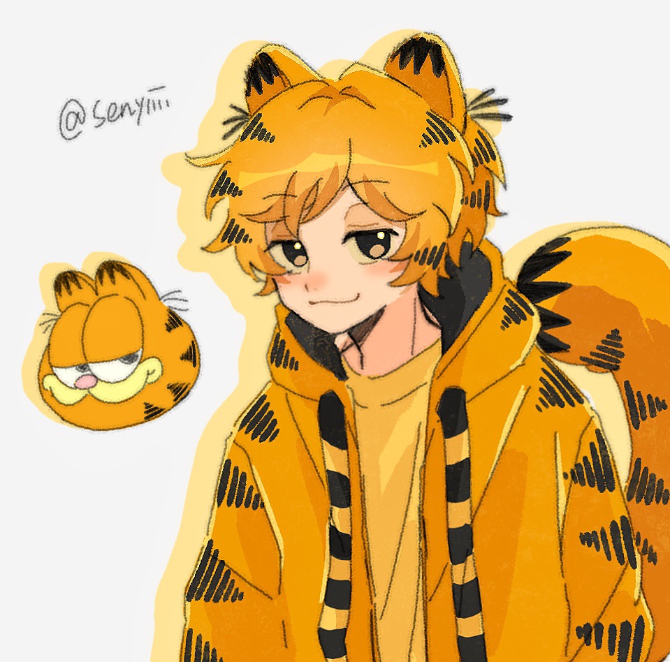 1boy :3 animal_ears cat_boy cat_ears cat_tail chinese_commentary commentary_request creature_and_personification garfield garfield_(character) half-closed_eyes hood hood_down hoodie looking_at_viewer male_focus open_clothes open_hoodie orange_hair orange_hoodie orange_shirt personification senyiiii shirt short_hair signature simple_background tail white_background