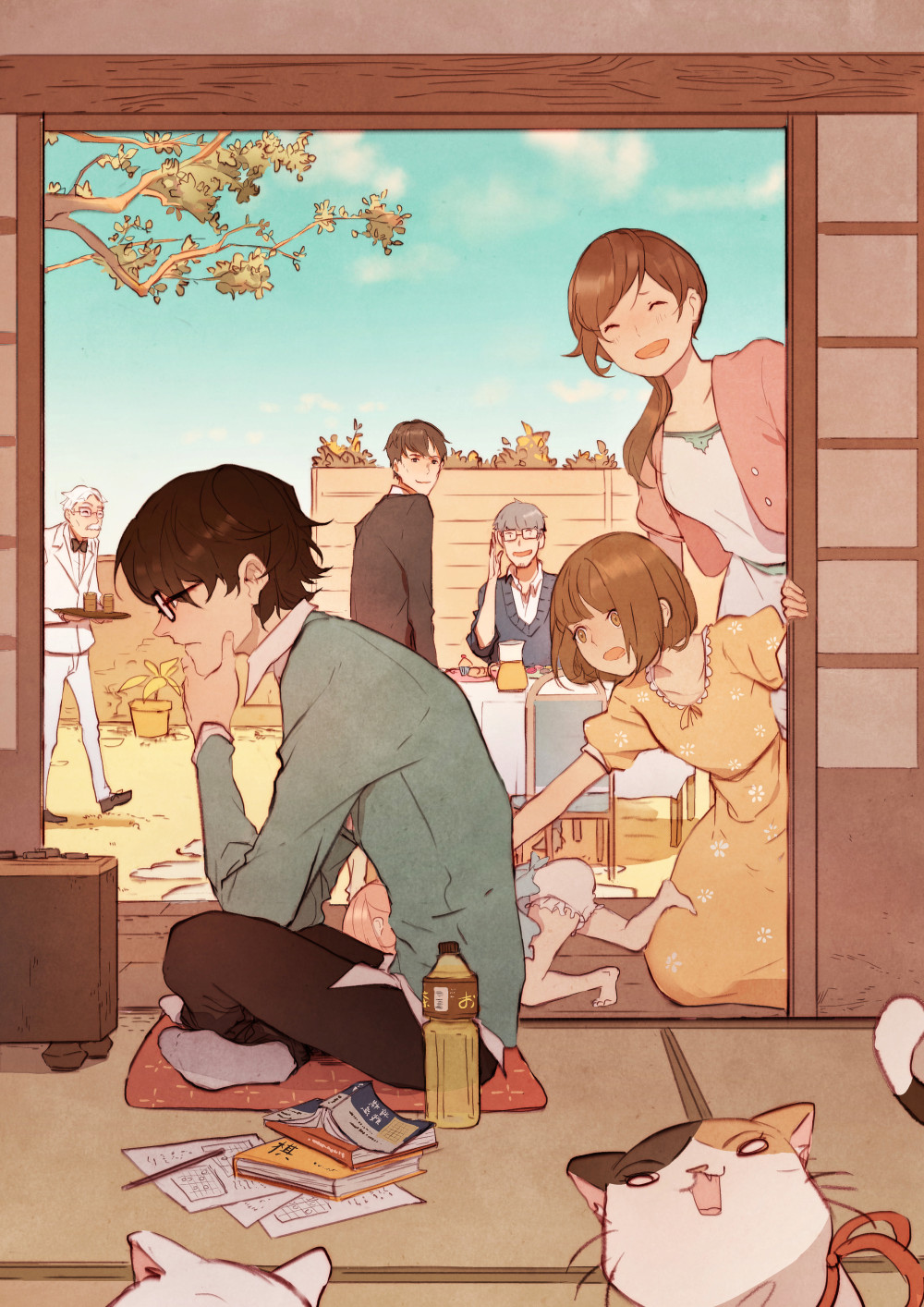 3girls 4boys :o barefoot black_pants bloomers board_game book_stack cat day dress escente closed_eyes facial_hair glasses grey_hair hanaoka_(sangatsu_no_lion) hand_on_own_chin hand_up hayashida_takahashi highres kawamoto_akari kawamoto_hinata kawamoto_momo kiriyama_rei crossed_legs long_sleeves multiple_boys multiple_girls pants paper pencil plant potted_plant sangatsu_no_lion shimada_kai_(sangatsu_no_lion) short_hair shogi sliding_doors smile stubble tree underwear white_dress white_hair yellow_dress