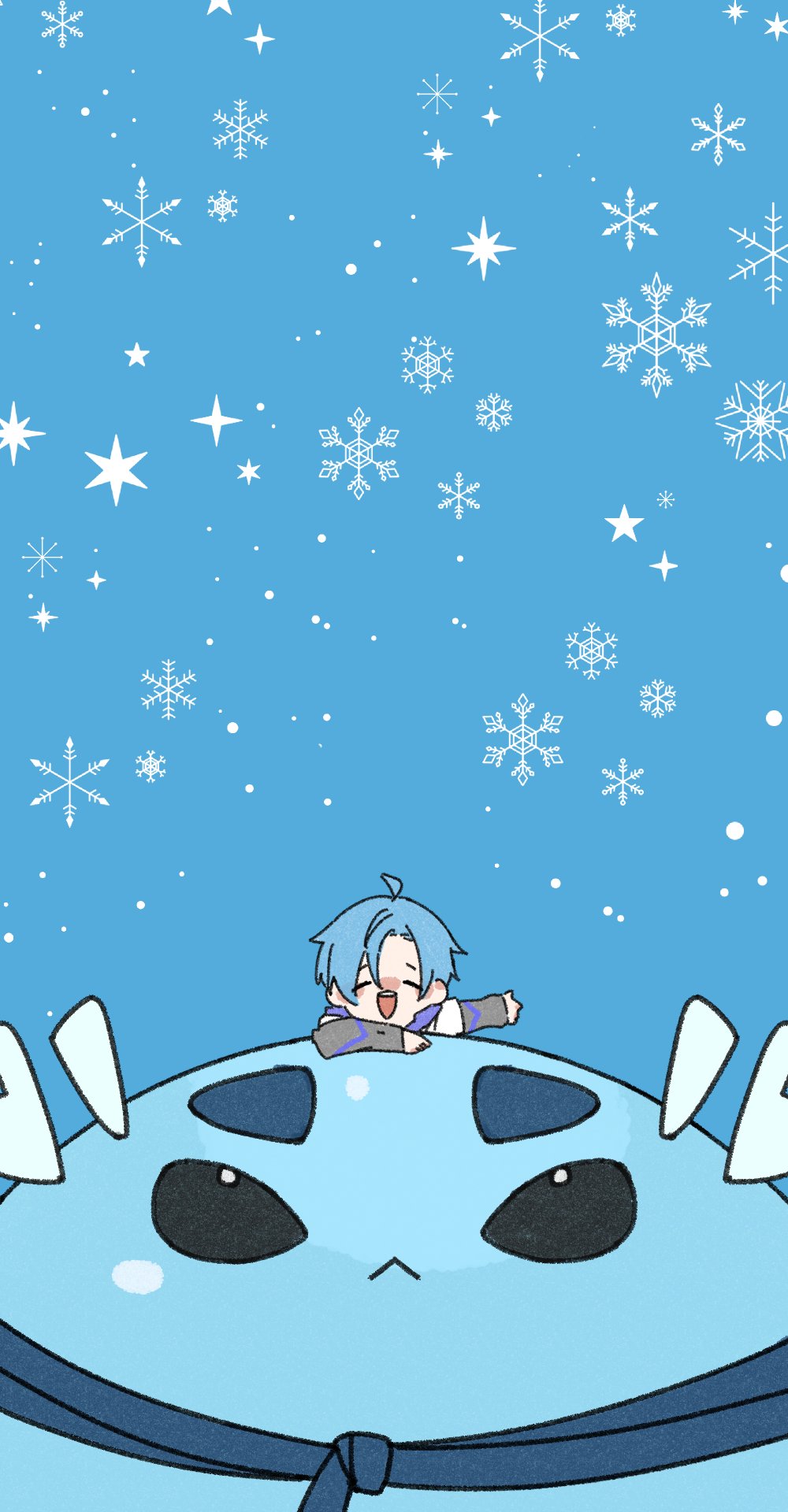 1boy :&lt; ahoge alternate_size altventurer_(regis_altare) blue_background blue_hair closed_eyes hair_between_eyes highres holostars holostars_english layered_sleeves long_sleeves looking_at_another male_focus nynna_n on_animal open_mouth outstretched_arm regis_altare short_over_long_sleeves short_sleeves slime_(creature) snowflakes snowing star_(symbol) teeth upper_teeth_only virtual_youtuber winter