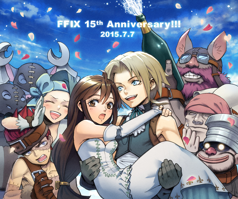 6+boys baku_(ff9) blank_(ff9) breasts cinna_(ff9) closed_mouth commentary_request final_fantasy final_fantasy_ix garnet_til_alexandros_xvii long_hair marcus_(ff9) multiple_boys multiple_girls ruby_(ff9) short_hair smile uboar zidane_tribal