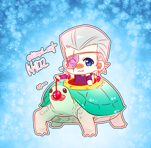 1boy :t cherry chewing_gum chibi coco_jumbo eating eyepatch feeding flattop food fruit grey_hair jean_pierre_polnareff jojo_no_kimyou_na_bouken scar scar_across_eye scar_on_face tianel_ent turtle vento_aureo