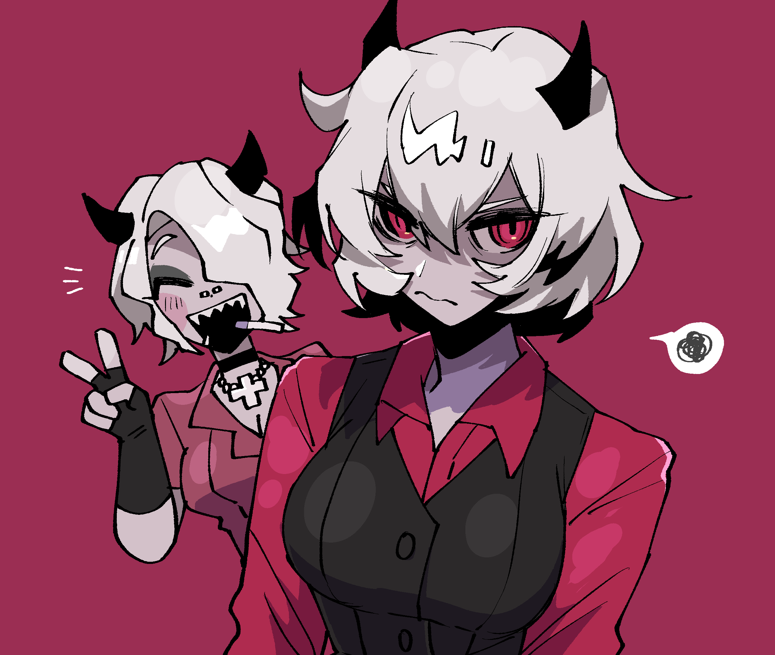 2girls ^_^ ^o^ amiri_ari black_gloves black_vest breasts cigarette cleavage closed_eyes cross fingerless_gloves gloves hair_over_one_eye helltaker highres horns magenta_background malina_(helltaker) medium_breasts multiple_girls pink_background red_shirt sharp_teeth shirt siblings sisters sleeves_rolled_up speech_bubble teeth upper_body vest white_hair zdrada_(helltaker)