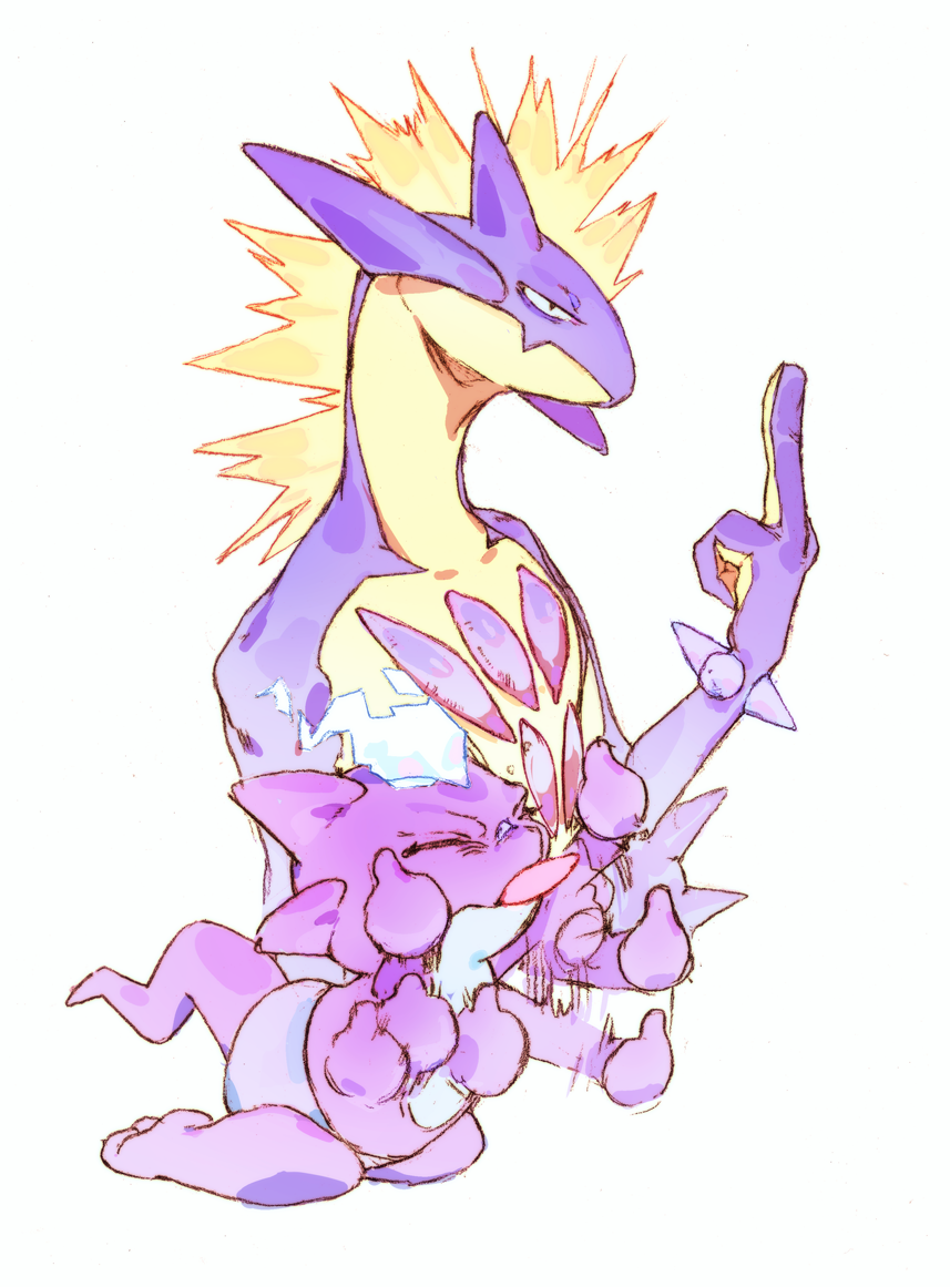 blue_fire closed_eyes colored_skin evolutionary_line fangs fire gen_8_pokemon half-closed_eyes middle_finger mohawk multicolored_skin nintendo pokemon pokemon_(creature) purple_skin salamanshe simple_background skin_fangs spikes tail tongue tongue_out toxel toxtricity toxtricity_(amped) two-tone_skin waving_hands white_background yellow_skin