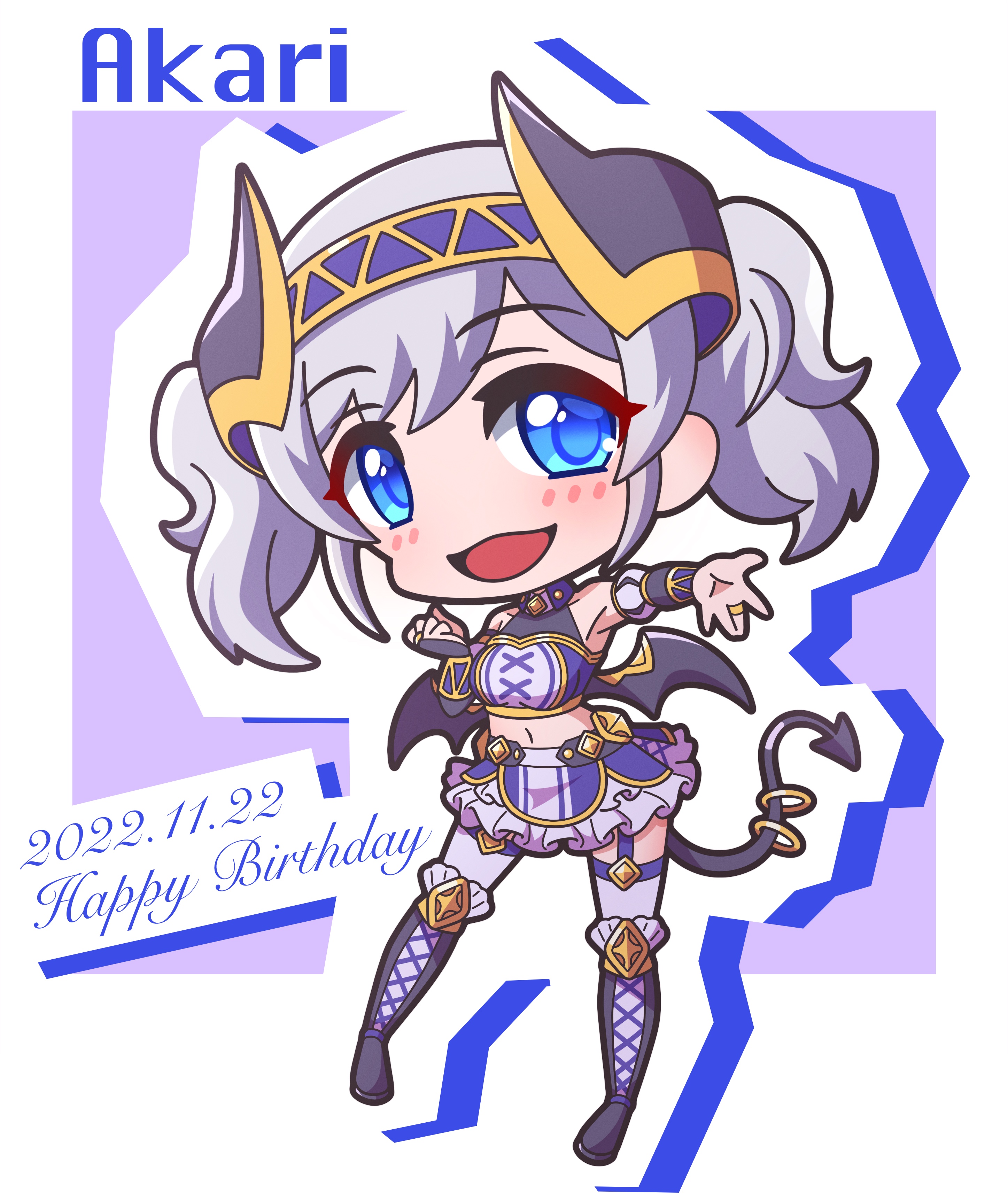 1girl :d absurdres akari_(princess_connect!) bare_shoulders black_wings blue_eyes blush boots breasts bridal_gauntlets character_name chibi commentary_request crop_top dated demon_girl demon_horns demon_tail demon_wings frilled_footwear frilled_skirt frills full_body grey_hair happy_birthday highres horns knee_boots lace-up_boots looking_at_viewer medium_breasts midriff navel open_mouth outline outstretched_arm princess_connect! purple_background purple_skirt purple_thighhighs saishosaisekojo skirt smile solo tail thighhighs thighhighs_under_boots twintails white_outline wings