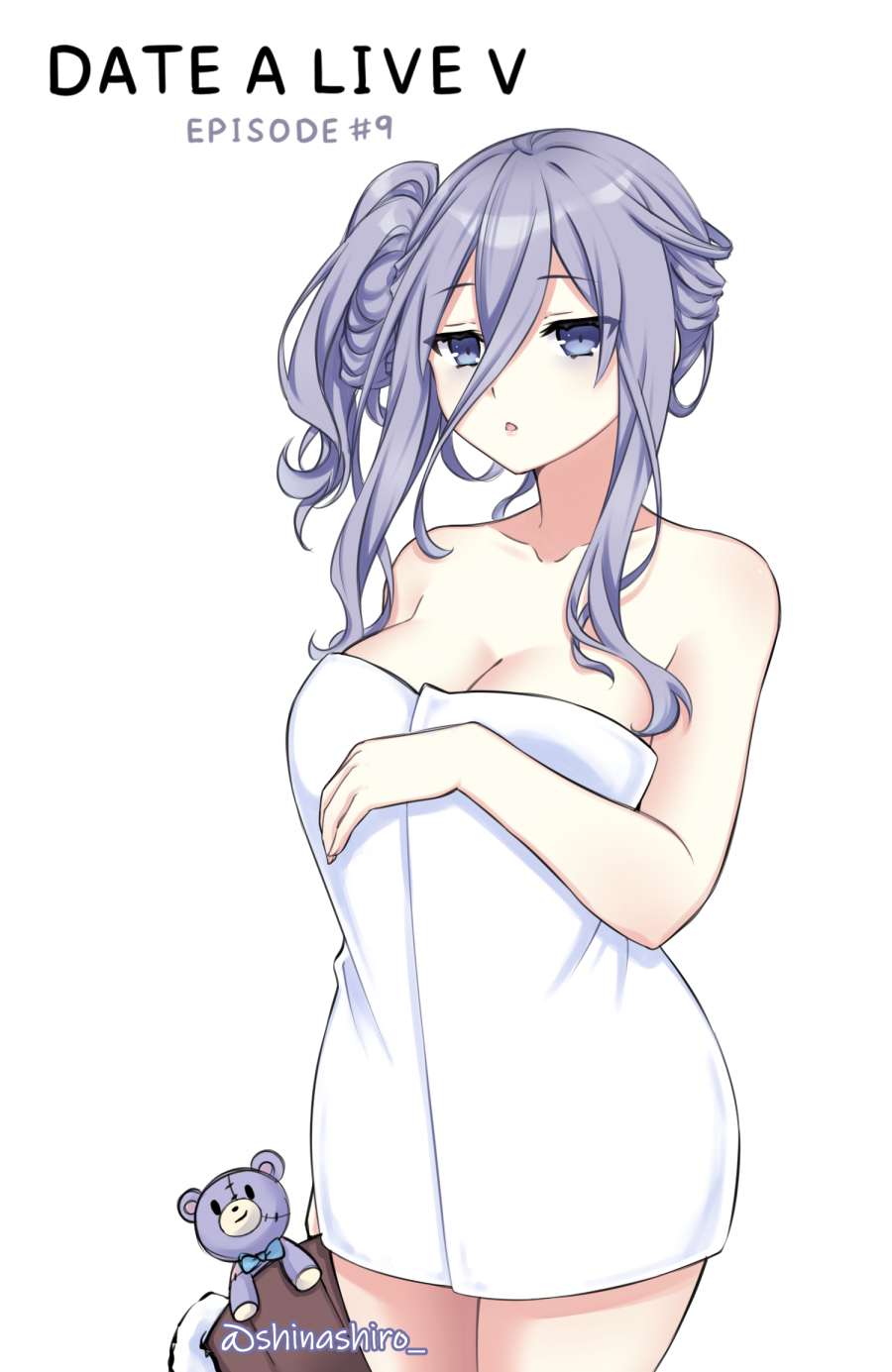 1girl artist_name bags_under_eyes bare_shoulders breasts cleavage collarbone date_a_live hair_between_eyes highres large_breasts murasame_reine naked_towel parted_lips purple_hair shinashiro side_ponytail sidelocks stuffed_animal stuffed_toy teddy_bear thighs towel