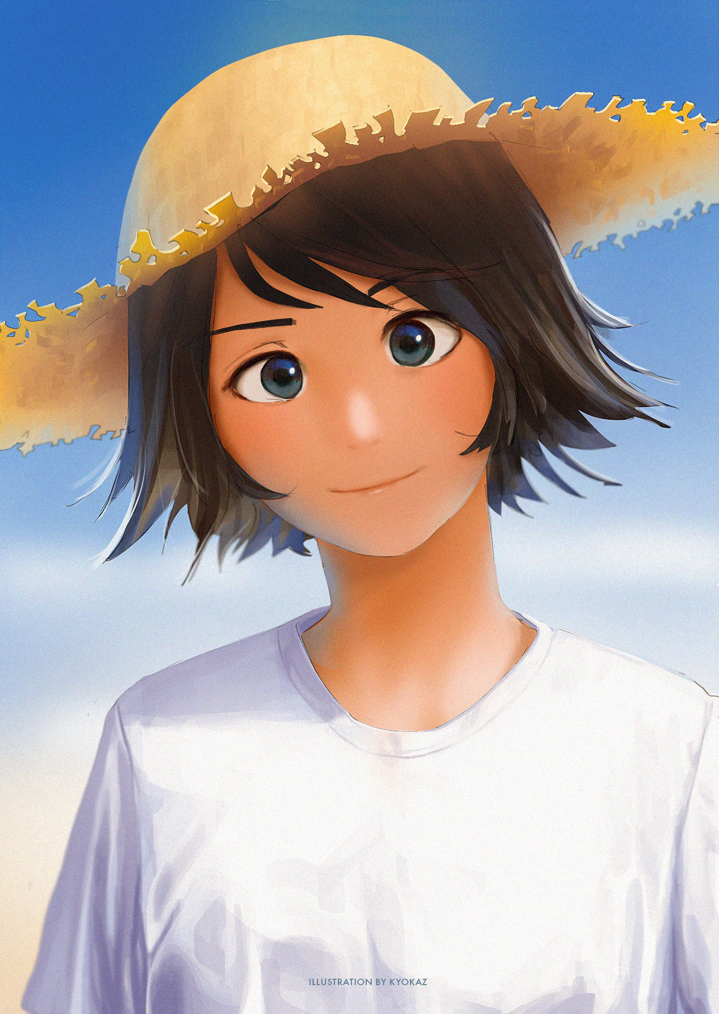 1girl blue_eyes blue_sky brown_hair closed_mouth commentary day faiz_azhar hat highres looking_at_viewer original outdoors riva_isamu shirt short_hair sky smile solo straw_hat upper_body white_shirt