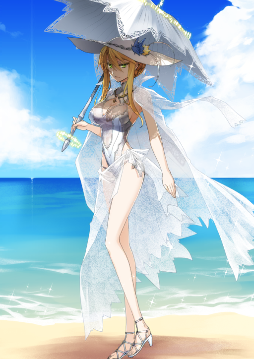1girl arm_at_side artoria_pendragon_(fate) artoria_pendragon_(swimsuit_ruler)_(fate) artoria_pendragon_(swimsuit_ruler)_(second_ascension)_(fate) bare_arms bare_legs beach blonde_hair blue_sky breasts bright_pupils bun_with_braided_base cleavage cleavage_cutout closed_mouth clothing_cutout cloud expressionless fate/grand_order fate_(series) full_body game_cg gold_necklace green_eyes hair_between_eyes hair_bun hand_up hat high_collar high_heel_sandals highleg highleg_one-piece_swimsuit holding holding_umbrella horizon ishida_akira jewelry large_breasts legs_together long_sidelocks looking_at_viewer narrow_waist necklace ocean official_art one-piece_swimsuit parasol sand sandals sarong see-through_clothes see-through_sarong short_hair_with_long_locks side-tie_one-piece_swimsuit side_cutout sideboob sidelocks single_hair_bun sky solo sparkle standing sun_hat swimsuit swimsuit_cover-up third-party_source three_quarter_view toes umbrella umbrella_over_shoulder water white_hat white_one-piece_swimsuit white_sandals white_sarong white_umbrella
