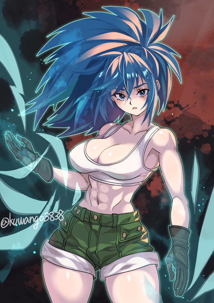 1girl abs bare_shoulders black_gloves blue_eyes blue_hair breasts cleavage crop_top gloves green_shorts kuwango leona_heidern midriff muscular muscular_female ponytail shorts sleeveless solo tank_top the_king_of_fighters the_king_of_fighters_xv toned toned_female twitter_username